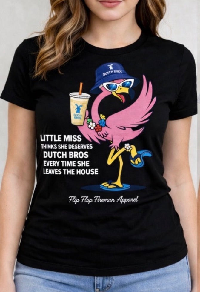Little Miss Dutch Bros Flamingo Shirt – Women’s Graphic Tee, Coffee Lover T-Shirt