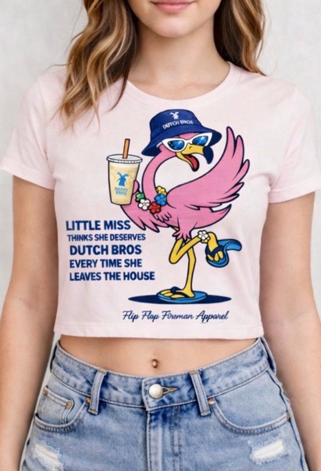 Little Miss Dutch Bros Flamingo Shirt – Women’s Graphic Tee, Coffee Lover T-Shirt