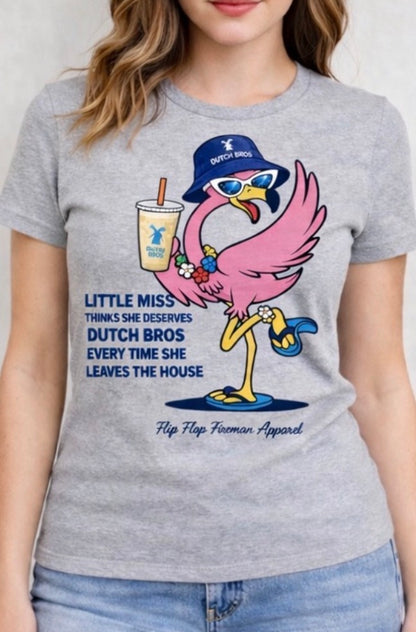 Little Miss Dutch Bros Flamingo Shirt – Women’s Graphic Tee, Coffee Lover T-Shirt