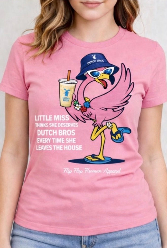 Little Miss Dutch Bros Flamingo Shirt – Women’s Graphic Tee, Coffee Lover T-Shirt