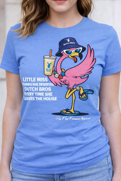 Little Miss Dutch Bros Flamingo Shirt – Women’s Graphic Tee, Coffee Lover T-Shirt
